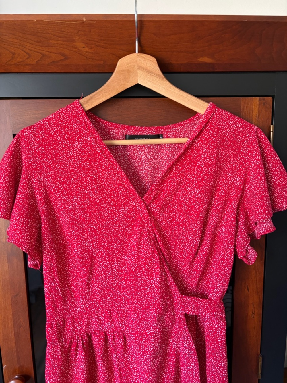 Red High-Low Wrap Dress with Ruffle Hem - Picture 3 of 4